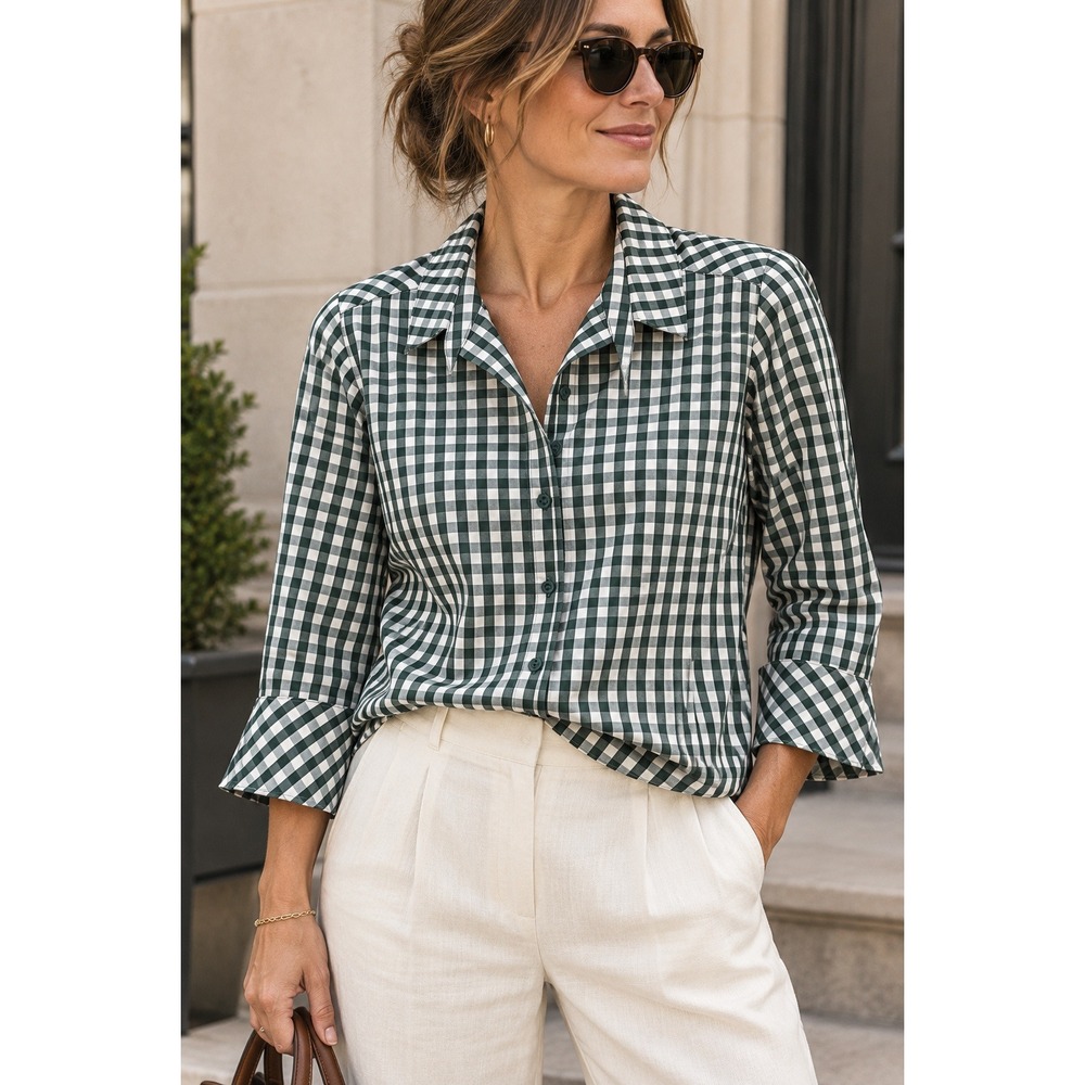 Lafayette 148 Green White Gingham Stretch Cotton Tie Collar Blouse 10